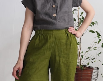 Pantalones cortos de lino de talle alto con bolsillos, cintura elástica para mujer, ideales para el verano - NELSON