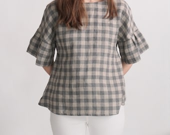 Blusa de lino 100% con mangas con volantes – Top de corte A extragrande, tejido lavado a la piedra - EUPHRATES