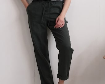 Washed Linen Trousers, Women's Natural Soft Pants, Elastic Waist Drawstring - VOLGA