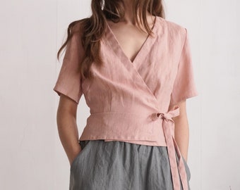 Wickeltop aus Leinen. Elegante Sommerbluse. Crop-Top aus Leinen. Wickelbluse aus Leinen. Leinen Top mit V-Ausschnitt. Frauen Leinen Top. Leinen Sommer-Wickeltop - CHURC