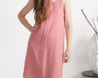 Linen Strap Dress, Relaxed Fit, Spaghetti Strap Loungewear - PECOS