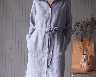 100% Linen Shirt Dress – Long Sleeves, Button Front, Pockets - MERKYS