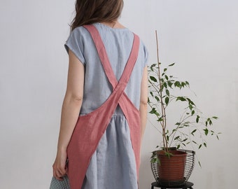 Pinafore linen apron. Linen apron. Pinafore soft linen apron. Natural linen cross back apron with pockets. Unisex cross back apron.