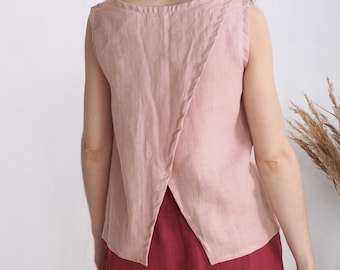 100% Linen Sleeveless Top with Split Back – Softened European Linen Blouse - UELE