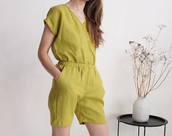 Short linen jumpsuit. Wrap linen jumpsuit. Linen romper for summer. Short Linen jumpsuit overall. Women summer linens. Short overall- KOLYMA