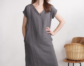 On SALE - Ready to Ship, S, L sizes. Linen v-neck dress. Womans linen dress. Short sleeve Vneck dress. Womans loose dress- MADEIRA