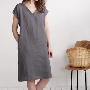 Linen v-neck dress. Womans linen dress. Short sleeve dress. V-neck dress. Womans loose linen dress. Natural linen summer dress MADEIRA image 1