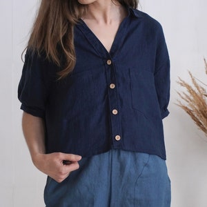 Crop linen jacket with buttons. Washed linen short sleeve jacket. Linen oversized top. Linen crop top. Summer short light jacket - JURUA