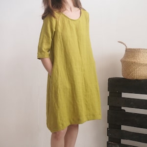 Linen autumn dress. Linen trapeze dress. Linen midi dress with pockets. Linen dress with 3/4 sleeves. Fall winter dress - KUSKOKWIM