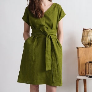 Linen oversized dress with belt. Linen v-neck dress. Loose linen dress. Women dress with belt. Oversize linen dress. Elegant Dress- PARAGUAY