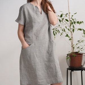 On SALE Ready to Ship, Xs, S, L, XL sizes. Linen midi dress. Washed linen dress. Soft linen V-neck dress. Washed linen dress-INDUS image 8