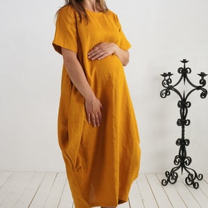 Pregnancy boho linen dress. Linen maternity dress. Linen balloon dress. Photoshoot pregnancy dress. Minimalist pregnancy clothing BLANDA image 1