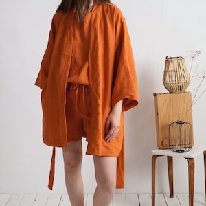 Linen 3-piece loungewear. Linen loungewear set. Soft linen pajama set and robe. Natural linen sleepwear. Home linen outfit.Soft linen pajama