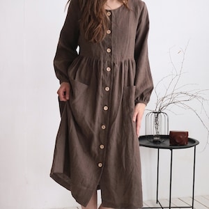 Linen dress with buttons. Long sleeve linen dress. Maternity breastfeeding dress. Below the knee-length. Loose linen autumn dress - GEORGINA