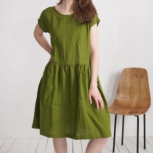 Midi Smock Linen Dress. 100% Linen Dress. Sustainable Linen Summer Clothing. Flowy Dress. Women Linen Dress. Petite Smock Dress - YUKON