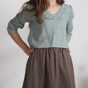 Linen v-neck crop top. Linen long sleeve crop top. Linen long sleeved blouse. Linen vneck shirt. Organic long sleeve blouse - DNIESTER