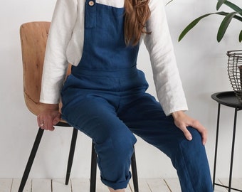 Linen Dungarees Jumpsuit, Casual Women's Romper, Stone Washed Fabric - SHANNON