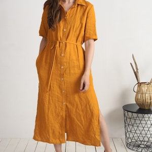 Linen shirt dress. Minimalist shirt buttons down dress with pockets. Short sleeves woman summer dress. Maxi shirt dress with slits - HELMAND