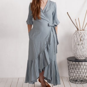 Long wrap linen dress. Romantic ruffle linen dress. Evening linen dress. Maxi wrap dress. Bohemian linen clothing. Formal dress - BRAZOS
