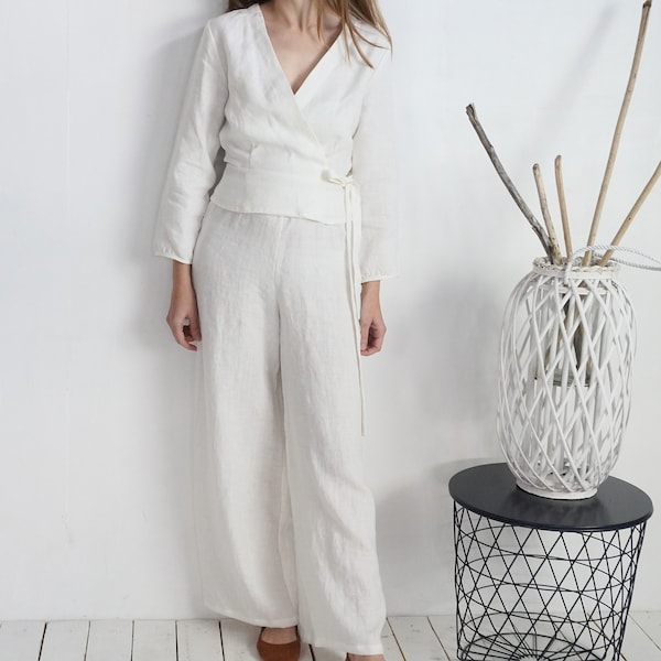 Élégant tailleur-pantalon de mariage en lin. Tailleur-pantalon de mariée en lin. Ensemble blouse et pantalon en lin pour femme. Ensemble en lin durable. Ensemble pour femmes en lin.