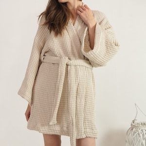 Waffle linen bathrobe. Waffle linen robe with belt. Organic unisex waffle linen robe. Waffle linen bathrobe. Linen spa sauna robe - TOBOL