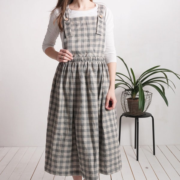 Linen long pinafore dress. Linen apron dress. Linen Pinafore. Long Pinafore Dress. Cross-back dress. Washed linen dungarees skirt - PLATTE