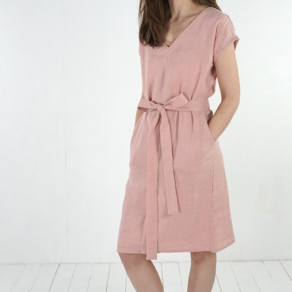 Linen v-neck dress with belt. Womans linen dress. Short sleeve dress. V-neck dress. Loose linen dress. Natural linen summer dress - DARLING