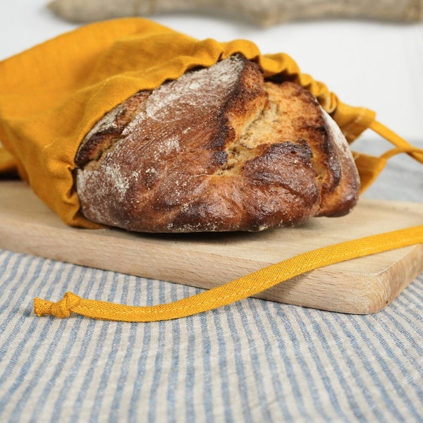 Linen bread bag set of 2, 3, 4. Washed linen bread keeper drawstring. Natural stonewashed linen reusable bag. Zero waste Linen storage bag.