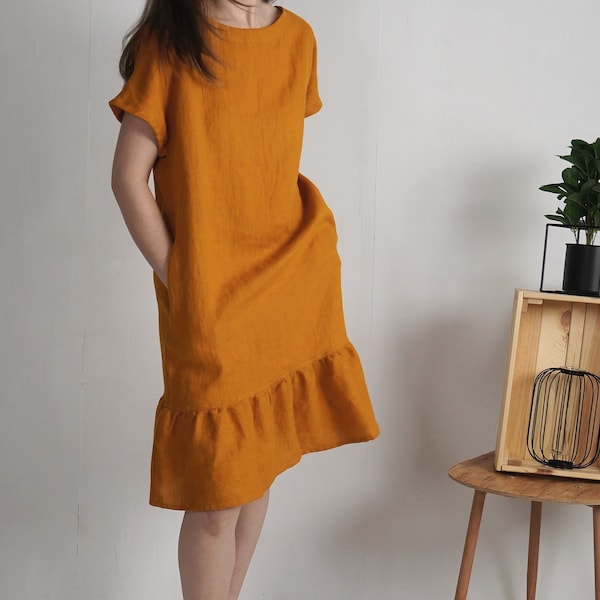 Ruffled dress. Retro linen dress. Linen ruffle dress. Natural summer dress. Women linen dress. Ruffled dress. Evening swing dress - MAMORE