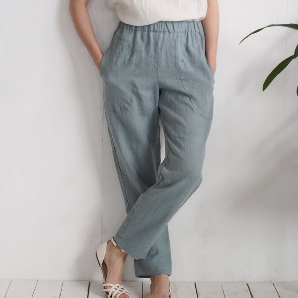 Linen trousers. Tapered linen trousers. Soft high waist linen pants. Sustainable clothes. Natural linen pants. Washed linen trousers- THAMES