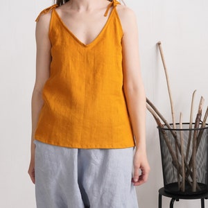 Linen tie strap tank top. Washed linen camisole top. Women linen spaghetti linen top. Summer blouse with ties. Linen strap tank top - NILE