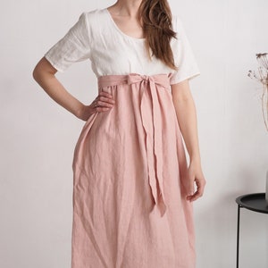 Two toned linen dress. Ruffled linen dress. Empire waist dress. Goddess linen dress. Two toned linen dress with belt. Maxi linen dress- KURA