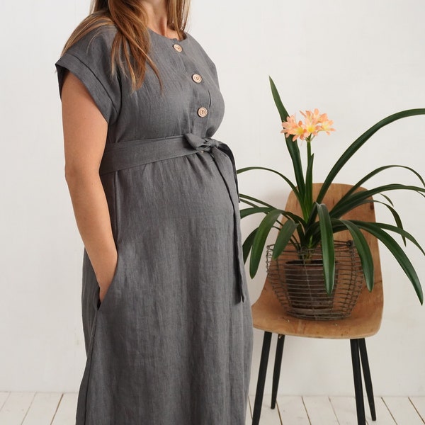 Maternity shirtdress. Linen nursing dress. Breastfed dress. Maternity linen clothing. Linen mom dress. Boho pregnancy sundress - LIMPOPO