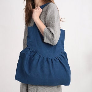 Linen ruffle bag. Linen double layer tote bag. Ruffle shoulder bag. Everyday shoulder bag. Reusable linen shoppers bag. Washed Linen Bag image 2