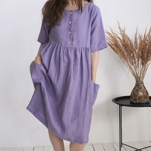 Boho linen dress. Linen dress with square pockets. 100% linen dress with buttons. Linen ruffled dress. Linen loose maternity dress - NARMADA