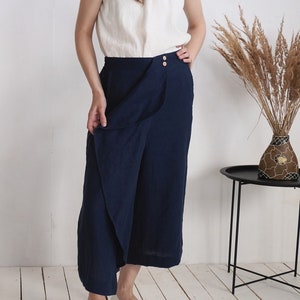 On SALE Ready to Ship, S size. Linen capri pants. Wide leg capri trousers. Linen capri pants with ruffle. Summer pants.Ruffle pants-BARCOO image 2