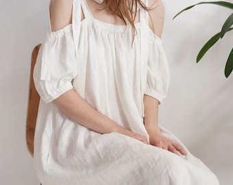 Off Shoulder Linen Dress, Ruffled Sleeves, Oversized Fit, White Sundress - WHITE