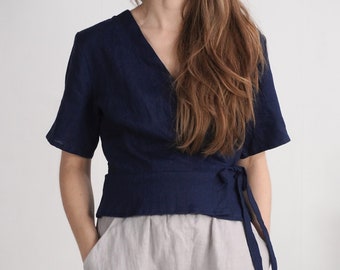 Linen wrap top. Elegant summer blouse. Linen crop top. Linen wrap blouse. Linen v neck top. Linen women top. Linen summer wrap top - CHURC
