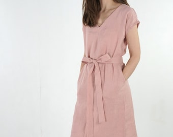 Linen v-neck dress with belt. Womans linen dress. Short sleeve dress. V-neck dress. Loose linen dress. Natural linen summer dress - DARLING