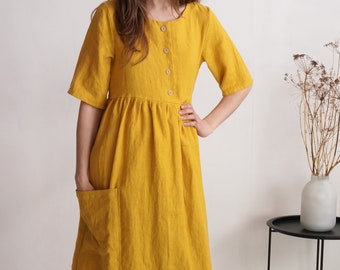 Boho linen dress. Linen dress with square pockets. 100% linen dress with buttons. Linen ruffled dress. Linen loose maternity dress - NARMADA