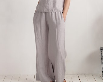 High waisted linen trousers. Wide leg linen pants. Elegantt linen pants. Long wide natural linen trousers. Linen high waist pants - COOPER