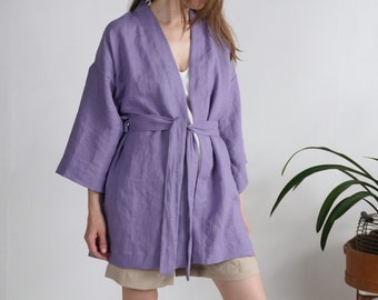 Linen kimono robe. Short linen robe. Soft linen lounge wear. Washed linen bath robe. Short linen dressing gown. Linen boho kimono - KOSI