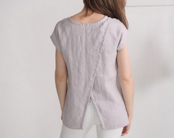 On SALE - Ready to Ship, S sizes. Linen split back blouse. Washed linen top. Linen top with split on back. Linen sleeveless blouse - NENE