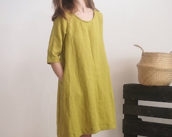 Linen autumn dress. Linen trapeze dress. Linen midi dress with pockets. Linen dress with 3/4 sleeves. Fall winter dress - KUSKOKWIM