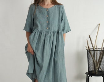 On SALE - Ready to Ship, L Xl 2XL sizes. Linen midi loose dress. Linen breastfeeding dress. Maxi linen dress. Natural linen dress - OTTAWA