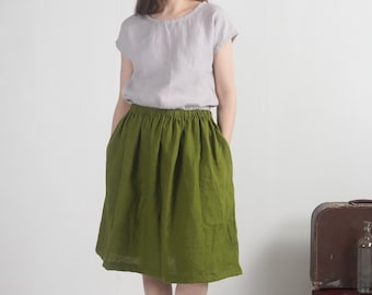 Washed linen skirt. Aline linen skirt. Linen skirt with pockets. Soft midi linen skirt. Linen skirt for women.Natural flowy skirt- MAGDALENA