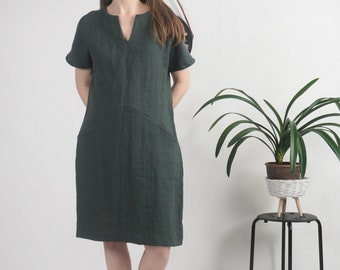 Linen midi dress. Linen dress. Washed linen dress. Soft linen V-neck dress. Washed linen dress with pockets. Linen natural dress - INDUS