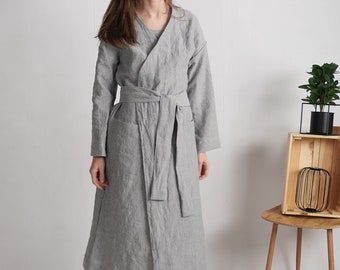 Unisex Stonewashed Linen Robe, Soft Lounge Wear, Belted Bathrobe - TAPI