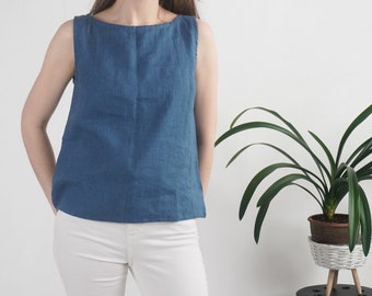 Linen fitted top. Linen sleeveless blouse. Basic linen blouse. Linen top for woman. Linen casual blouse. Summer natural linen top - KASAI