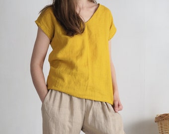 Linen simple v-neck top. Soft linen top. Washed linen blouse. Classic natural top. Simple linen top. Linen blouse. Organic linen top - LENA